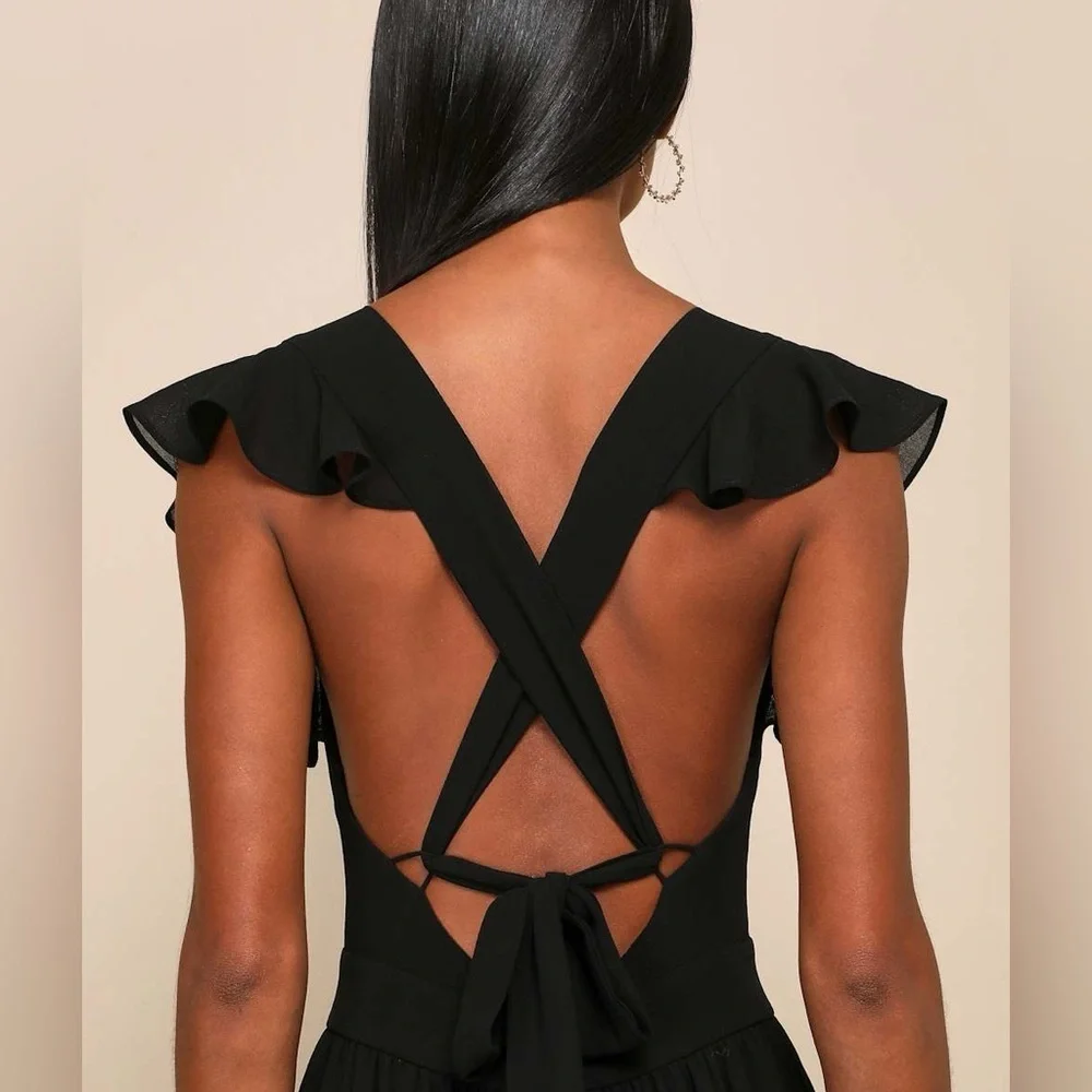Lulus Charming Success Black Tiered Lace-Up Backless Maxi Dress Size L - Picture 3 of 11